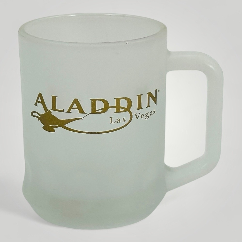 ALADDIN Resort Casino Las Vegas Frosted Glass Coffee Mug Vintage 4 Inch Souvenir
